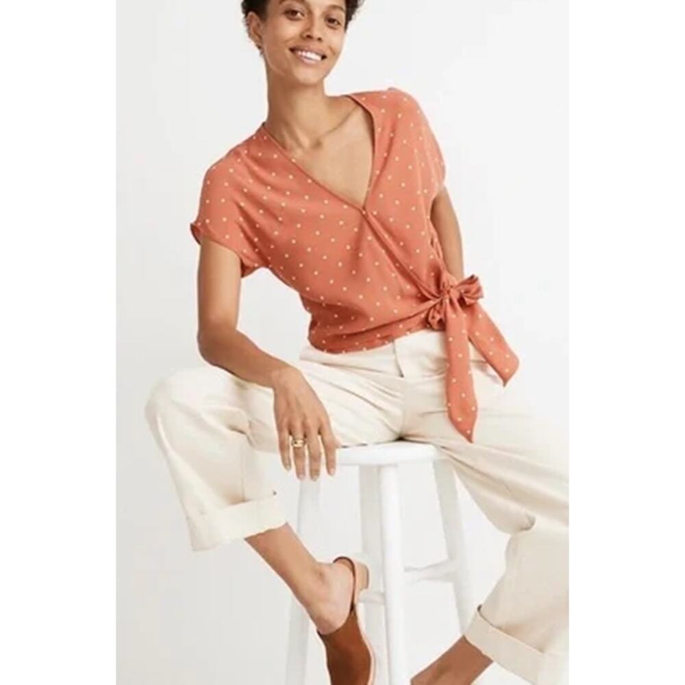 Madewell Sash-Tie Wrap Top Blouse XL Sweet Dahlia Surplice V-Neck Polka Dot